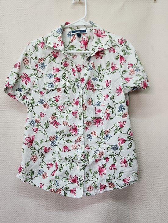 Karen Scott Tops - Karen Scott White Floral Button-Down Shirt with Pink Flowers and Green Leaves